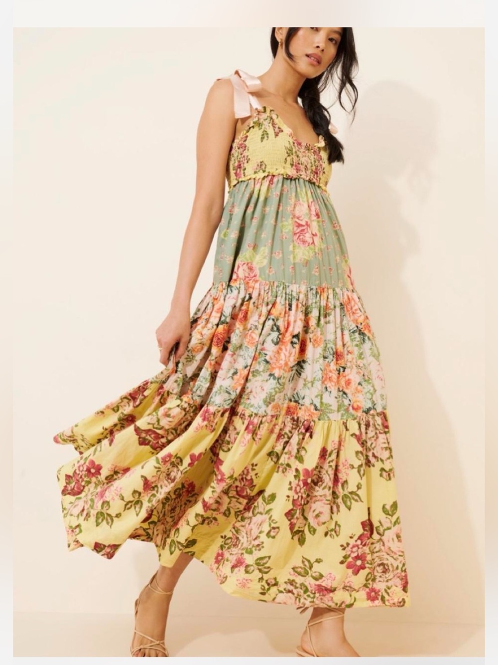 Bluebell Floral Tiered Maxi Dress Yellow Pink Green Grosgrain Ribbon Tie S Boho